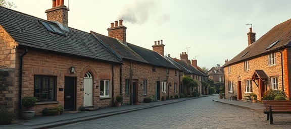 charming Dumfries homes, welcoming expression, preserving cultural heritage, photorealistic, traditional stone houses with cobblestone paths, highly detailed, smoke rising from chimneys, 4K resolution, clay browns and rustic tones, ambient afternoon light, shot with a medium-format camera