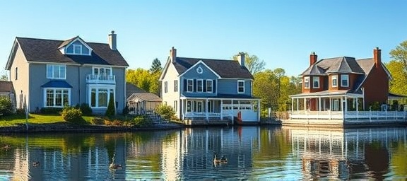 spacious Dumfries homes, welcoming, accentuating, photorealistic, backed by a serene lake with ducks, highly detailed, reflection on water surface, wide dynamic range, bright blues and greens, midday lighting, shot with a 50mm lens.