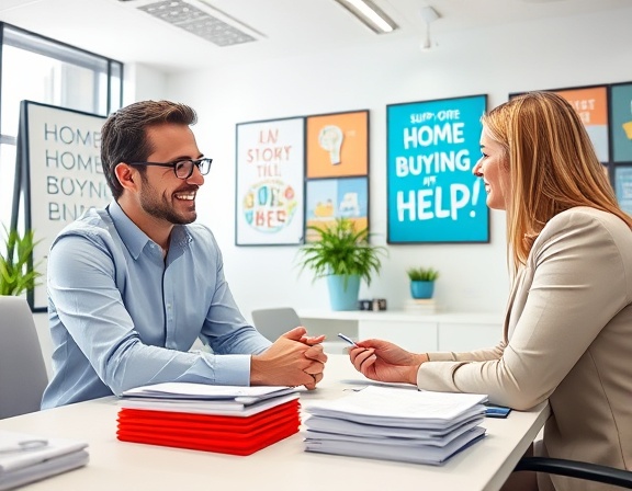 supportive home buying help, friendly, consulting with a mortgage advisor, photorealistic, bright office space with motivational posters, highly detailed, papers neatly stacked on a desk, crisp whites and blues, bright overhead lighting, shot with a Leica Summilux-M 50mm f/1.4 ASPH lens.