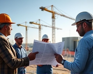 investment property Dumfries, promising and potential, reviewing architectural plans, photorealistic, in a construction site with cranes in the background, highly detailed, workers in hard hats, 50mm lens, industrial greys, midday sun, shot with a Nikon Z7 camera lens.