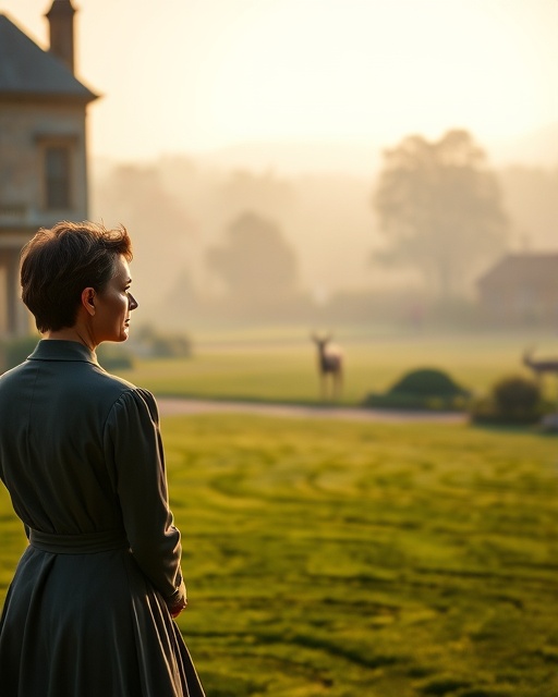 elegant estate Dumfries, contemplative, pricing, photorealistic, misty morning view of lush lawns, highly detailed, deer in the distance, depth of field, soft pastels, morning glow, shot with a telephoto lens.