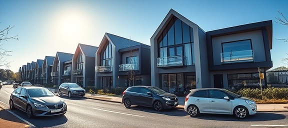 modern homes Dumfries, stylish and sleek, basking in sunlight, photorealistic, futuristic design with glass facades, highly detailed, cars passing by, ultra-high-definition, steel grey, midday lighting, shot with a fisheye lens.