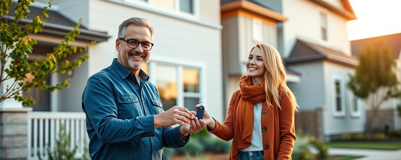 cheerful estate contact, engaging, handing keys to a new homeowner, photorealistic, in front of a newly constructed residential building, highly detailed, slight breeze moving foliage, 24mm lens, golden hour lighting, vivid colors