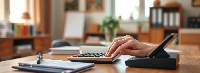 detailed home buying tips, focused, calculating expenses using a calculator, photorealistic, home office with a large desk and multiple binders, highly detailed, calculator screen lighting up, earth tones, diffused natural light, shot with a Canon RF 24-70mm f/2.8L IS USM lens.