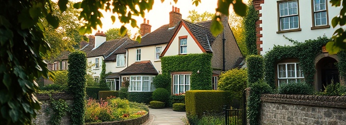 quaint Dumfries homes, serene, highlighting, photorealistic, framed by ivy-covered walls and quaint gardens, highly detailed, leaves rustling gently, high contrast, olive and cream, soft morning glow, shot with a 35mm lens.