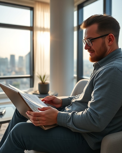 practical home buying tips, confident, analyzing real estate listings on a laptop, photorealistic, modern apartment with a view of the city skyline, highly detailed, sunlight streaming through large windows, ultra-sharp focus, natural lighting, shot with a Nikon NIKKOR Z 24-70mm f/2.8 S lens.