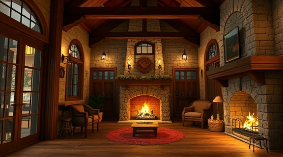 charming property 3D, enchanting, walking through cozy spaces, photorealistic, rustic background with wooden beams and stone fireplace, highly detailed, flickering firelight, ultra-high definition, warm earthy colors, soft candlelit ambiance, shot with a 24mm camera lens.