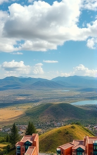 picturesque property panorama, expansive, capturing panoramic view of surroundings, photorealistic, scenic background with mountains and lakes, highly detailed, passing clouds casting shadows, 12K resolution, natural earthly tones, bright sunlight, shot with a panoramic camera lens.