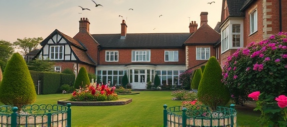 inviting Dumfries realty, warm ambiance, capturing, photorealistic, surrounded by manicured gardens with blooming flowers, highly detailed, birds gently flying in the sky, ISO 100, soft pastel hues, ambient morning light, shot with a 24-70mm zoom lens.