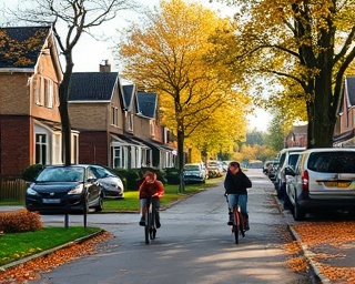 suburban homes Dumfries, peaceful and family-friendly, children riding bicycles, photorealistic, in a tree-lined avenue with parked cars, highly detailed, autumn leaves falling, 35mm lens, warm amber, dappled sunlight through trees, shot with a Sony A9 II camera lens.