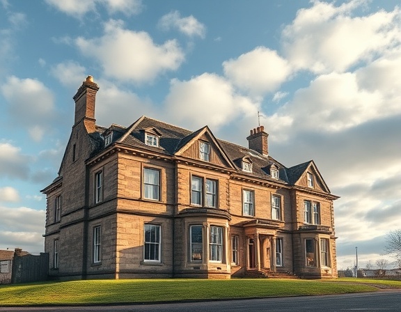 picturesque valuation house, contemplative, calculating, photorealistic, panoramic view of Dumfries realty, highly detailed, clouds moving, high dynamic range, pastel shades, backlit, shot with an ultra-wide lens.