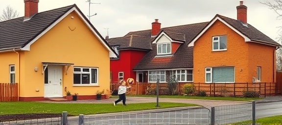 cozy Dumfries houses, homely feel, highlighting, photorealistic, located in a quiet suburban neighborhood, highly detailed, children playing with a ball, HDR, vibrant yellows and reds, overcast lighting, shot with a 24mm wide-angle lens.