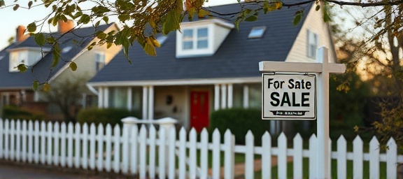 inviting sale Dumfries, enticing, with 'For Sale' sign at the front, photorealistic, quaint house with a white picket fence, highly detailed, leaves rustling, HDR quality, earthy hues, soft evening light, shot with a macro lens.