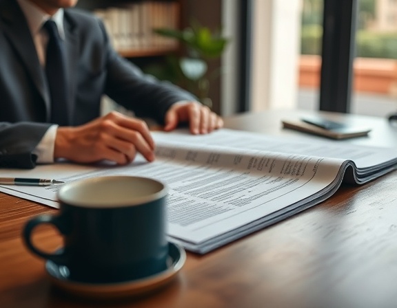 legal documents on a lawyer's desk, focused, being analyzed by a property attorney, photorealistic, modern law firm interior, highly detailed, coffee mug and stationary, high resolution, earthy colors, ambient lighting, shot with a macro lens.