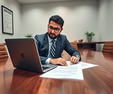 property attorney at work, thoughtful, drafting a realty contract, photorealistic, well-lit meeting room with large wooden desk, highly detailed, open laptop and notepad, crisp clarity, cool tones, overhead lighting, shot with a 35mm lens.