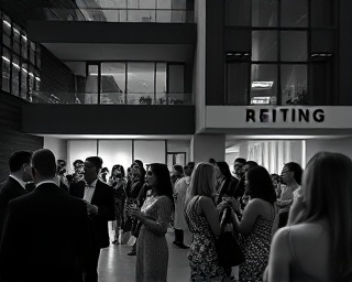 upscale estate agency, elegant and refined, hosting an open house event, photorealistic, in a luxury urban area with sleek modern architecture, highly detailed, guests mingling with glasses of wine, 70-200mm lens, monochrome contrast, evening spotlights, shot with a Canon EOS R5 camera lens.