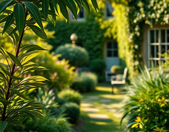 quaint property landscape, inviting, analyzing, photorealistic, lush gardens at estate Dumfries, highly detailed, wind rustling leaves, macro details, green and gold, dappled light, shot with a 50mm prime lens.