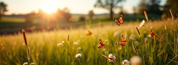 charming property landscape, dreamy, assessing, photorealistic, sunlit meadows around estate Dumfries, highly detailed, butterflies dancing, bokeh effect, vivid colors, golden hour, shot with a macro lens.