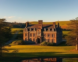 historic property Dumfries, grand and timeless, showcasing an old manor, photorealistic, nestled in a lush countryside setting with rolling hills, highly detailed, gentle breeze swaying trees, 85mm lens, earthy hues, golden hour light, shot with a Leica SL2 camera lens.