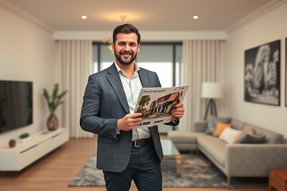 enthusiastic estate agent, confident, showcasing a property brochure, photorealistic, standing in a new, contemporary living room with minimalistic furniture, highly detailed, subtle reflections on glass surfaces, 85mm lens, soft diffused lighting, warm tones