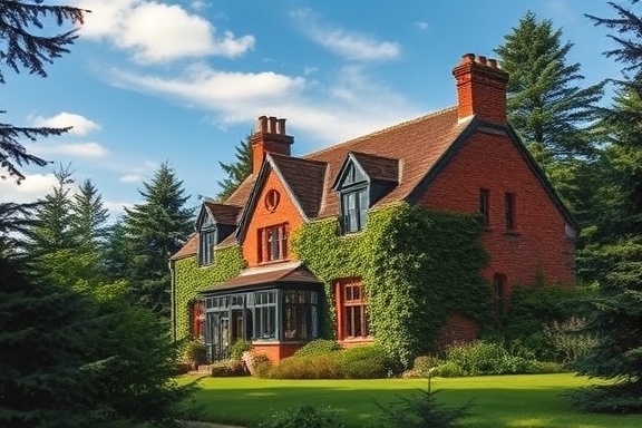 charming property Dumfries, peaceful, surrounded by evergreen trees, photorealistic, red brick home with ivy climbing walls, highly detailed, distant clouds drifting, crisp resolution, brick red, filtered sunlight, shot with a standard lens.