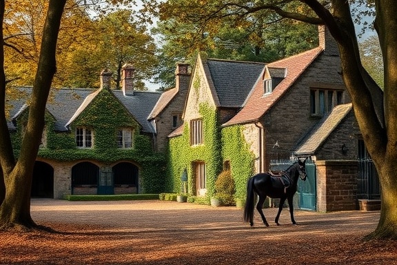 picturesque estate Dumfries, regal, amidst a forest, photorealistic, vine-covered stone buildings with horse stables, highly detailed, leaves falling, high-definition detail, rustic brown, dappled lighting through trees, shot with a panoramic lens.