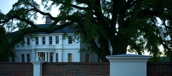 elegant Dumfries estate, sophisticated, displaying, photorealistic, set against a backdrop of majestic oak trees, highly detailed, a stray cat perched on the wall, exposure 1/250s, classic white and green, soft twilight lighting, shot with a 85mm lens.