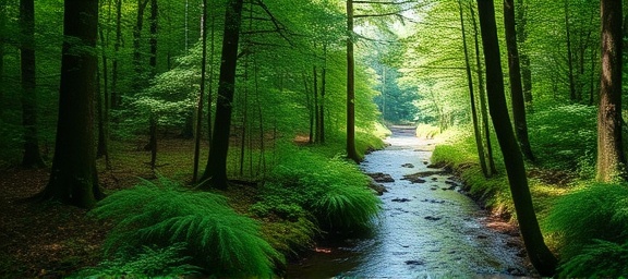 idyllic Dumfries nature, peaceful ambience, celebrating the beauty of the wild, photorealistic, dense forests and meandering streams in the background, highly detailed, wildlife in soft motion, captured in HDR, emerald greens, diffused sunlight filtering through trees, shot with a macro lens