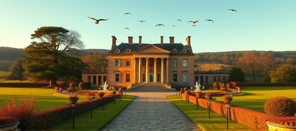 majestic estate Dumfries, historic charm, nestled in rolling hills, photorealistic, classical architecture surrounded by a stone pathway, highly detailed, birds in flight, 4k quality, warm tones, soft morning glow, shot with a tilt-shift lens.