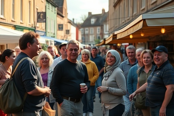 vibrant Dumfries community, lively interaction, fostering unity and warmth, photorealistic, street market bustling with activity, highly detailed, people engaging in conversation, captured with cinematic clarity, vibrant mixed hues, warm midday lighting, shot with a zoom lens