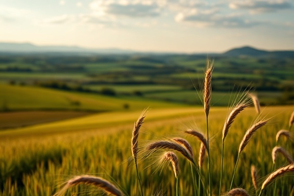 picturesque Dumfries property, picturesque view, emphasizing, photorealistic, overlooking vast green fields and mountains, highly detailed, subtle breeze sways the wheat, depth of field f/8, earthy tones, late afternoon sunlight, shot with a 50mm prime lens.