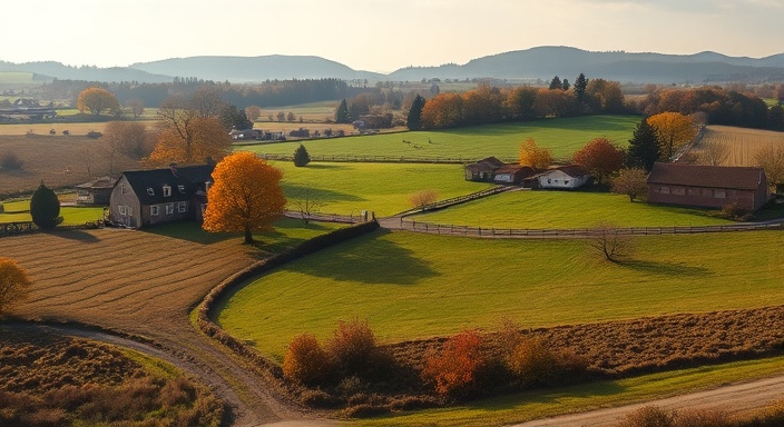 majestic Dumfries realty, appealing, representing, photorealistic, nestled in a rural setting with adjacent farms, highly detailed, farm animals in the distance, ISO 200, rich autumn colors, diffused sunlight, shot with a 70-200mm telephoto lens.