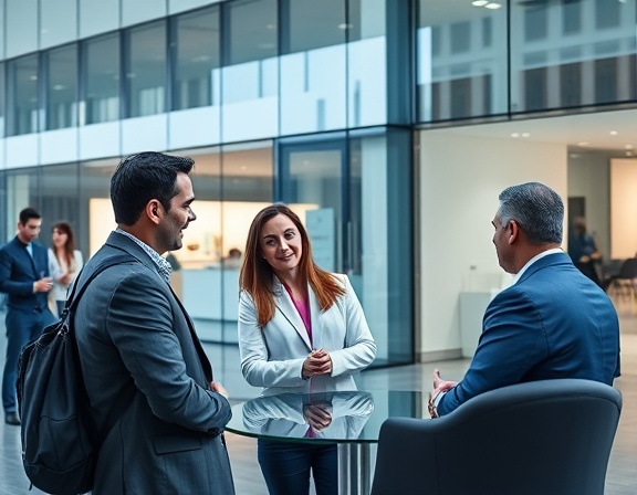 modern agency Dumfries, professional and inviting, consulting a client, photorealistic, located in a contemporary building with glass facades, highly detailed, reflections of passersby, 24-70mm lens, cool colors, diffused daylight, shot with a Nikon D850 camera lens.