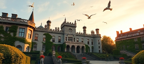 majestic Dumfries landmarks, prideful stance, capturing historical grandeur, photorealistic, castle surrounded by lush gardens, highly detailed, birds soaring above, 50mm lens, stone grey with ivy accents, golden hour glow, shot with a 50mm prime lens