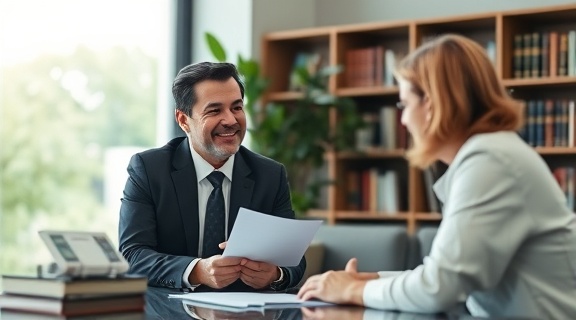 estate law consultation scene, engaged, attorney explaining legalities to clients, photorealistic, contemporary office decor with large windows, highly detailed, legal books and potted plant in background, soft bokeh, neutral colors, diffuse lighting, shot with a 85mm lens.