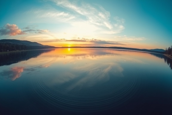 tranquil Dumfries scenery, meditative mood, inviting reflection, photorealistic, placid lake mirroring the sky, highly detailed, ripples subtly drifting, high-definition quality, crystal aquamarine, gentle sunset casting long shadows, shot with a fisheye lens