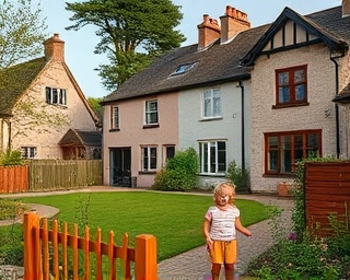 cozy homes Dumfries, inviting and comfortable, touring a family home, photorealistic, surrounded by a quaint neighborhood with traditional Scottish homes, highly detailed, children playing in gardens, 50mm lens, pastel shades, late afternoon lighting, shot with a Fujifilm GFX 100 camera lens.