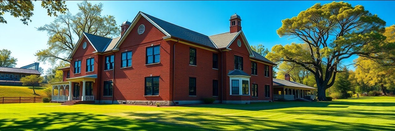Red brick rural estate building for rural property consultancy under blue sky.