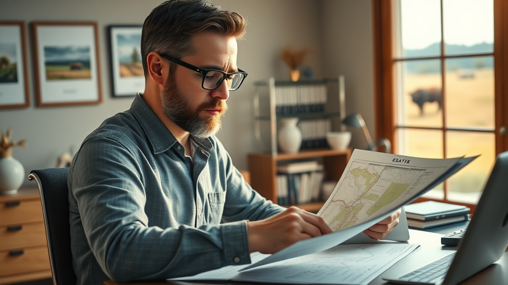 Estate agent analyzing rural property maps and digital data in office