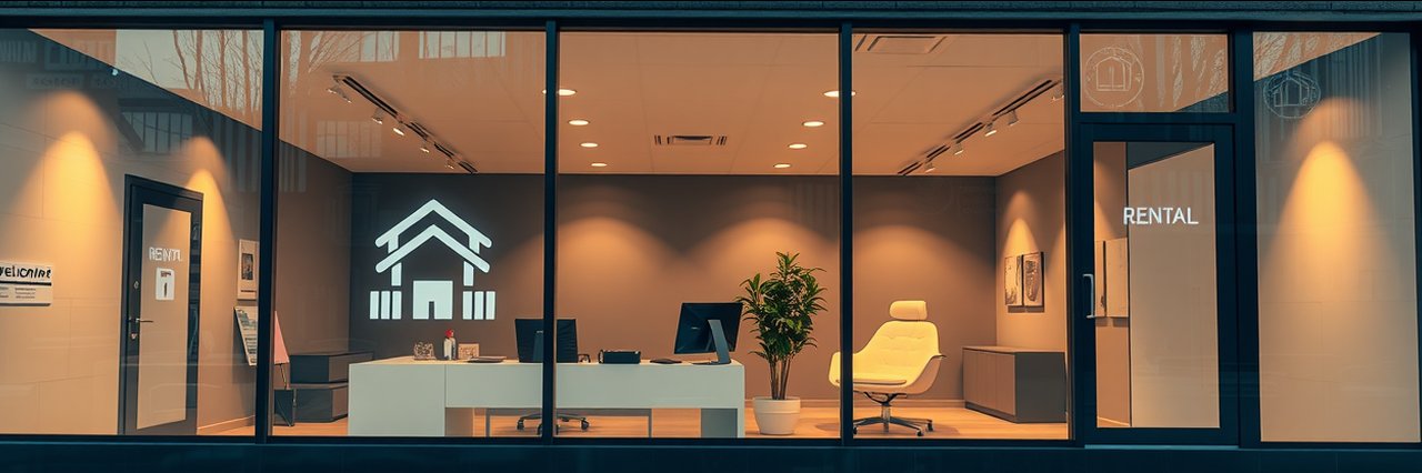 Modern south Scotland rentals agency office with glass storefront and warm lighting