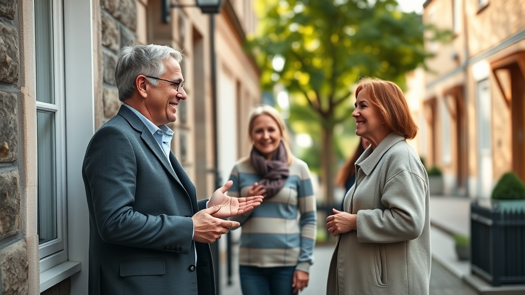 Smiling agent welcomes renters to modern home in South Scotland rentals