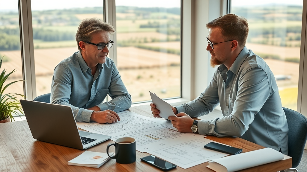 Planning consent advice expert consulting property owner with blueprints in office