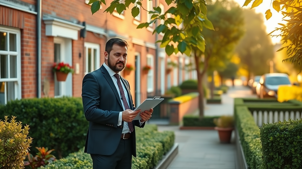 Expert checking property management checklist outside a well-kept British townhouse.