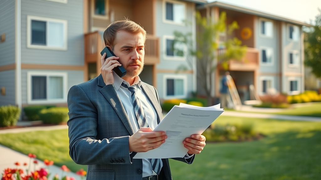 Lettings & property management professional coordinating building repairs outside rental property.