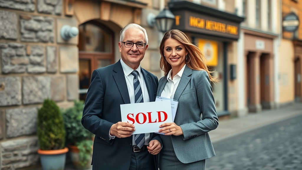 Confident solicitor and estate agent team outside historic Scottish office
