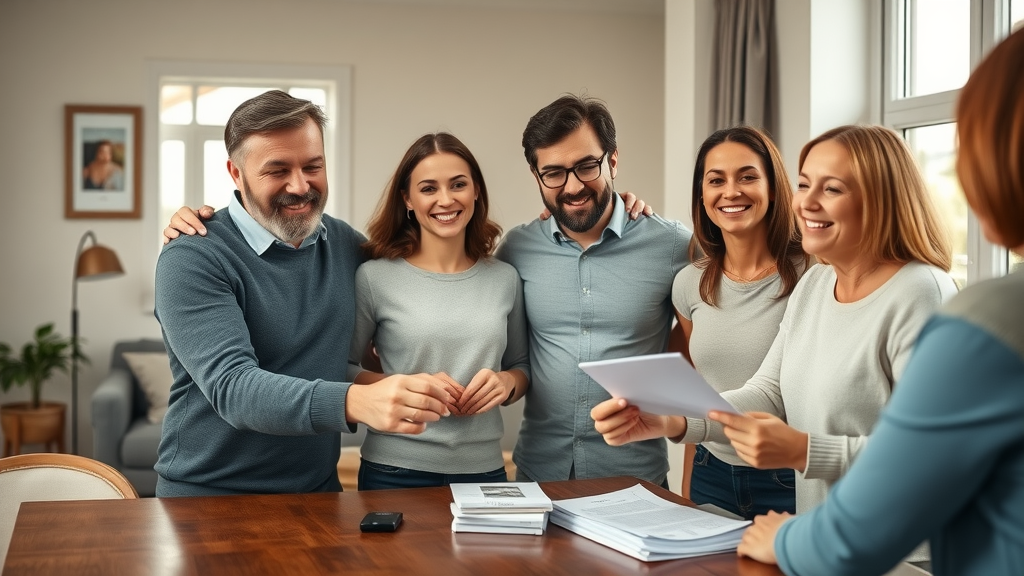 Family accepting house keys from solicitor estate agent in a Scottish home