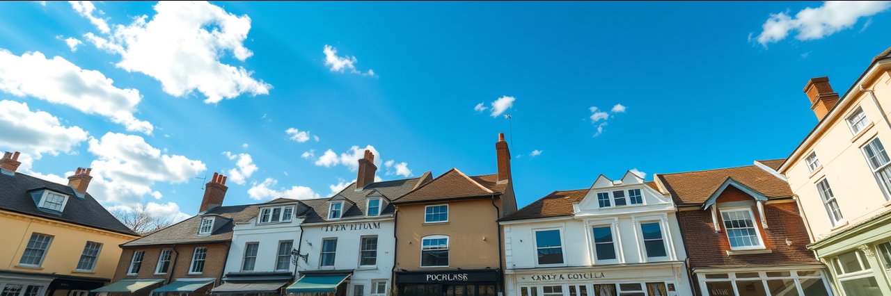 Classic British town buildings under blue sky, property conveyancing theme