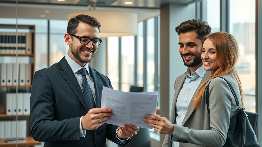 Conveyancer consulting clients in modern office, property conveyancing in action