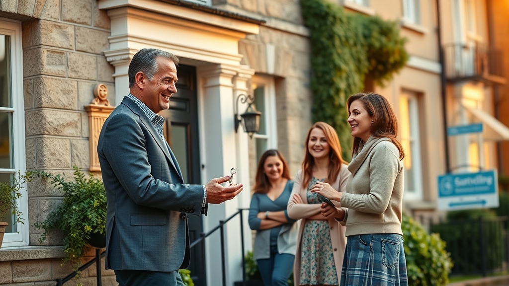 Estate agent hands keys to family; smooth property conveyancing service shown