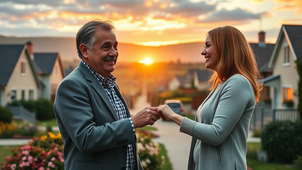 Dumfries estate agent delivers keys to smiling homebuyers at sunset.